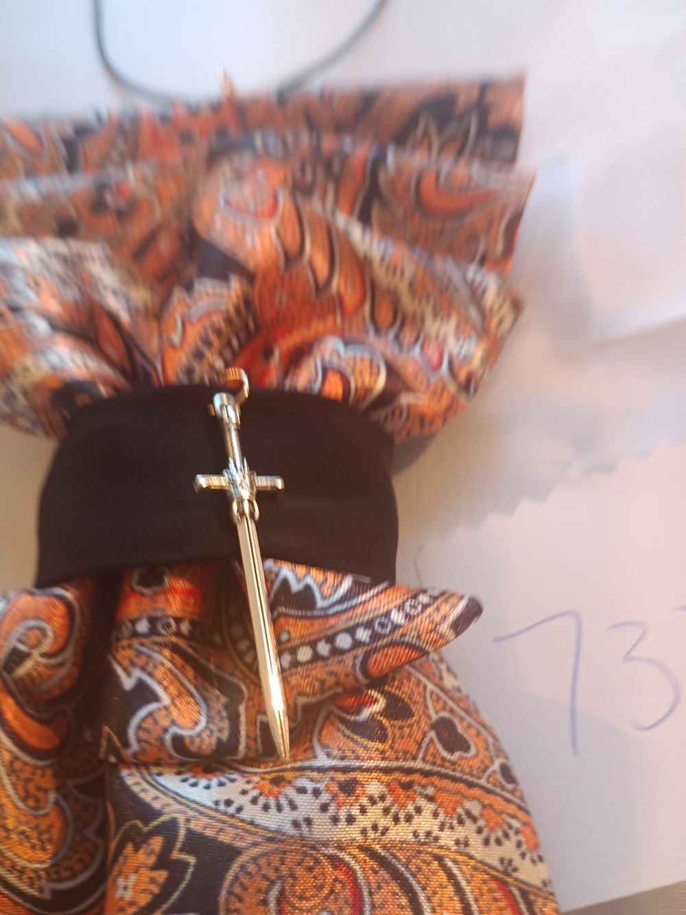Orange Paisley JunkTie Necklace Sword And Embellishments